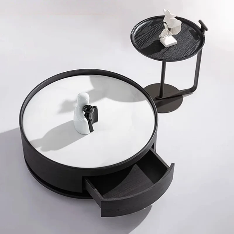 Italian minimalist rock slab coffee table combination rotating living room household small apartment round storage drawer