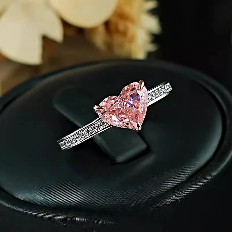 Fairy Spirit Pink Love 925 Silver Ring with High Carbon Diamond Set for Women, Redion Ice Cutting Light Luxury Jewelry