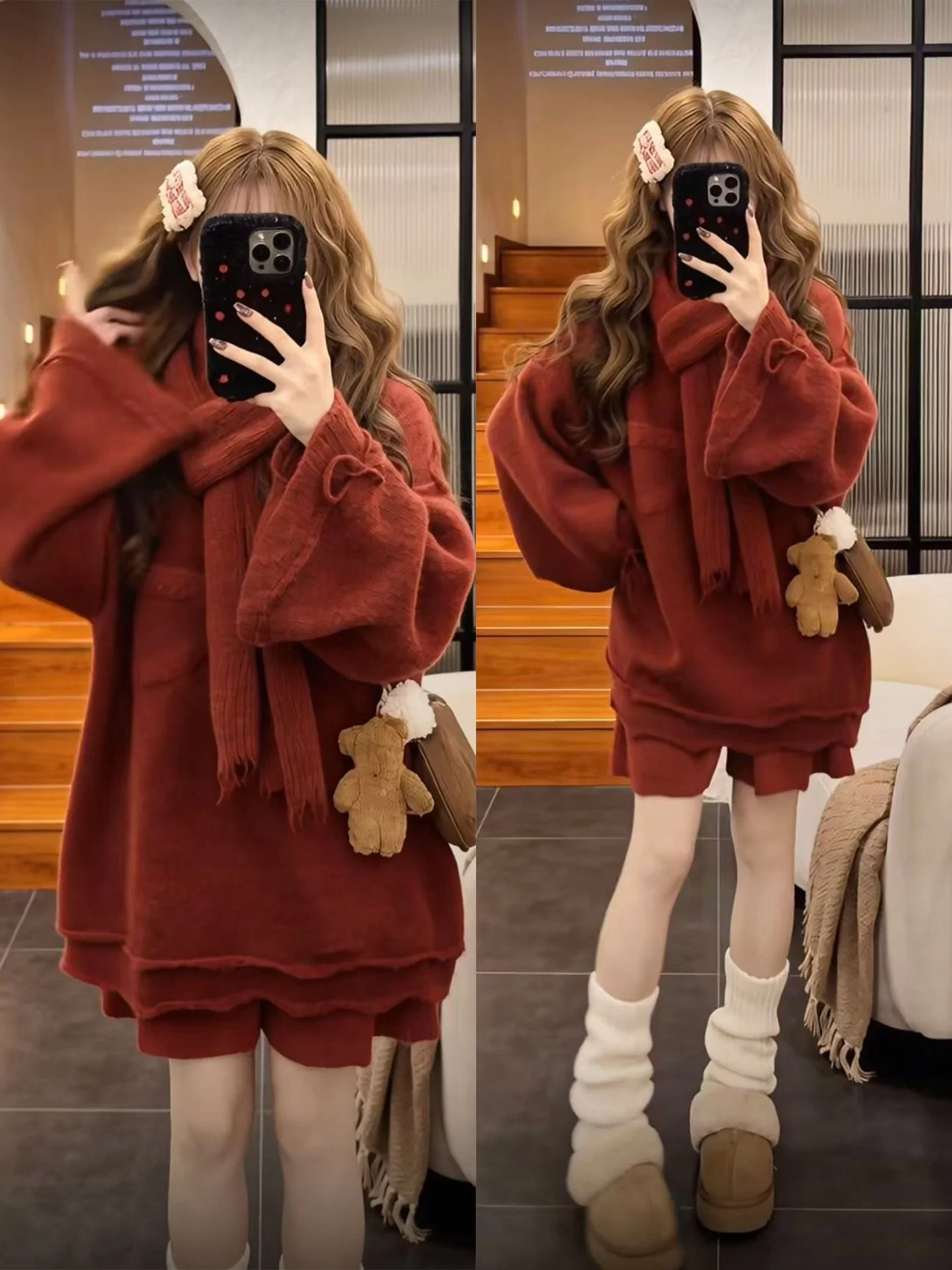 

Red Knitted Sweater And Fi Tail ort Skirt Set for Women plus Size Winter Faion Korean Sle Unique And Beautiful Ensemble