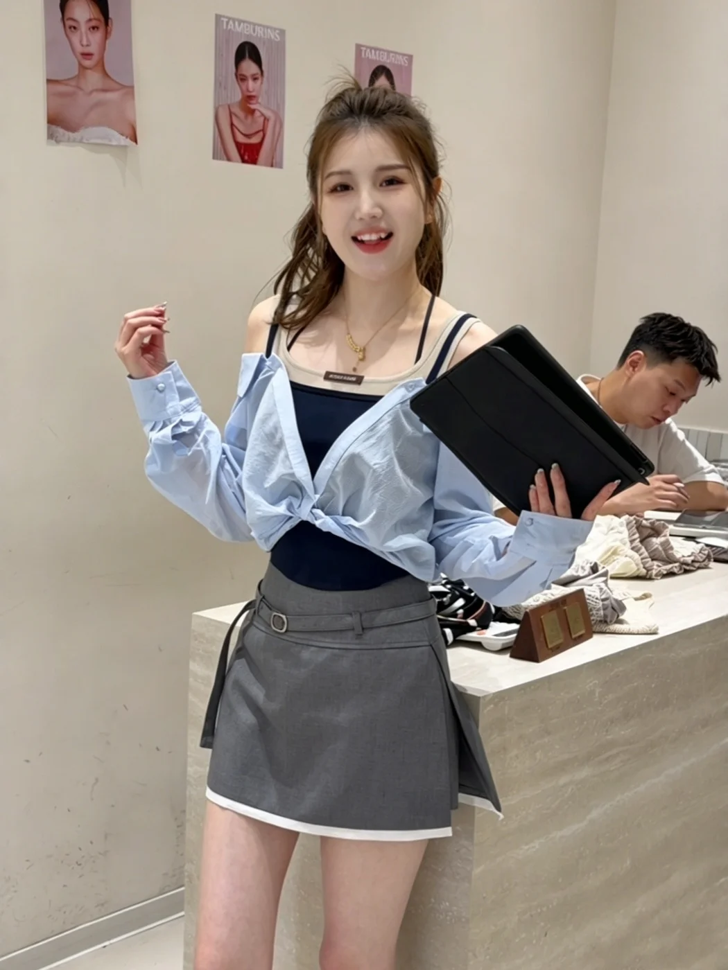 

Chic Korean Style Shoulder Bared Long Sleeve Vest Top Women's Summer Fashionable Fake Two-Piece Blue Short Length Shirt