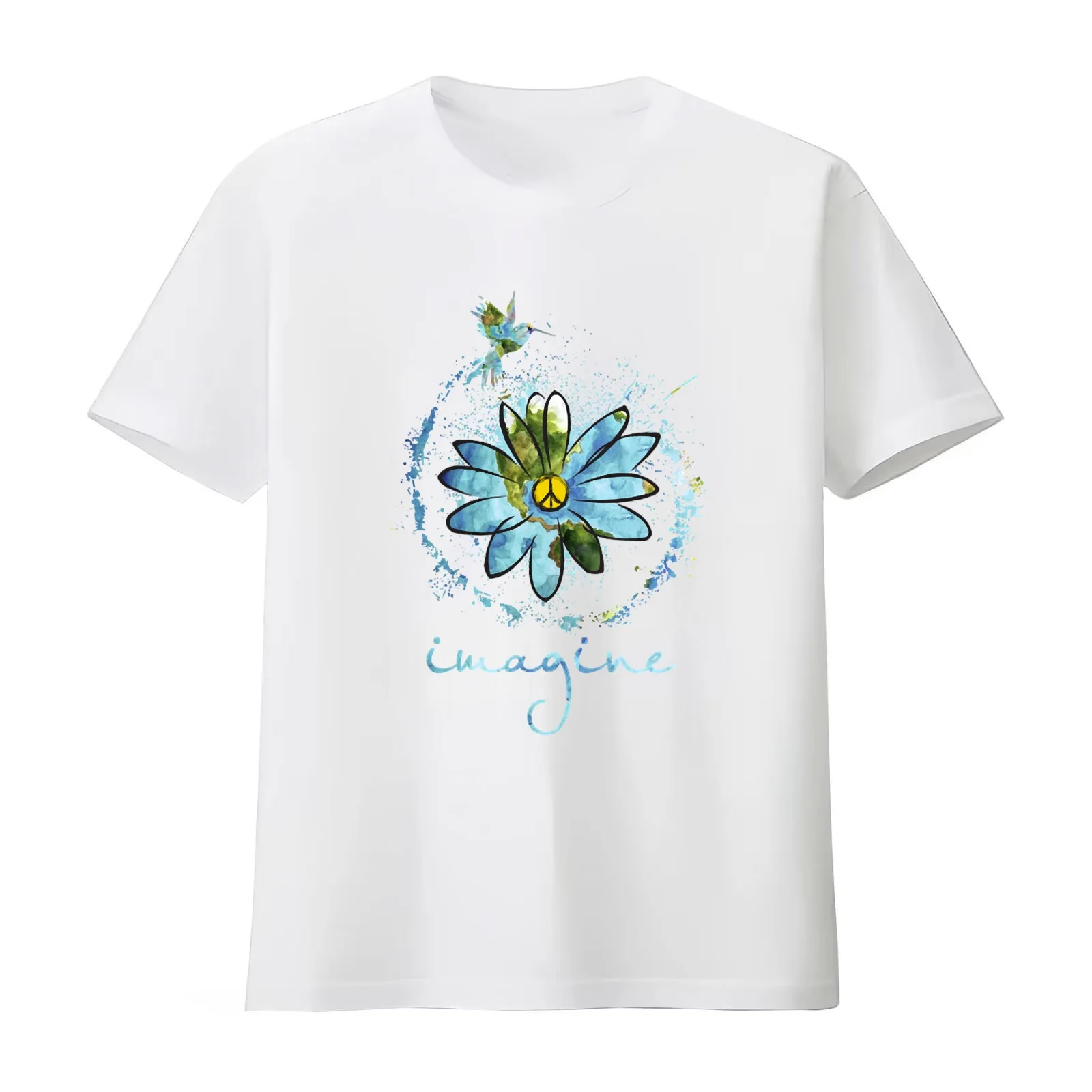 Imagine Hippie Flower T-Shirt Summer Casual Cotton Tee Oversized Streetwear Tops Vintage Graphic Print Unisex Men Women