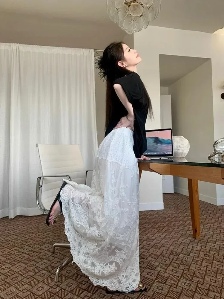 Süße lange koreanische für Frauen, hohe Taille, A-Linie, weiß, Jupe 2024, Faldas Mujer De Moda, modischer, lockerer Saia-Spitze, weißer Sommerrock