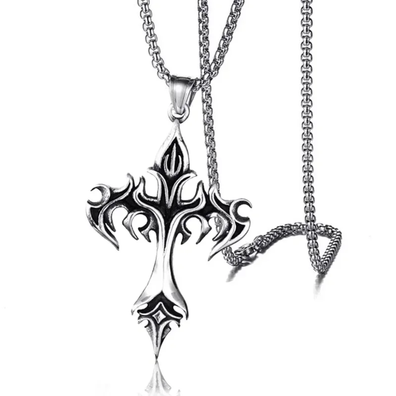 Retro Gothic Flame Cross Pendant Necklace Men\'s Personalized Punk Religious Trend Lucky Jewelry