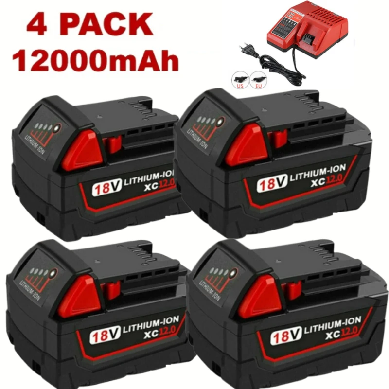 

4pcs Milwaukee M18 Replacement Batteries High-Capacity 12.0AH, Compatible with M18 Cordless Drills, Sawzalls, Grinders