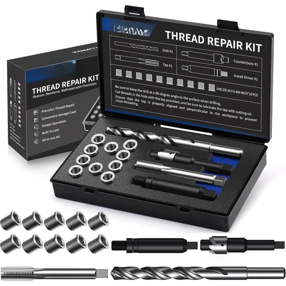 

3/8-16 SAE Thread Repair Kit with HSS Drill, Tap, Inserts & Installation Tools