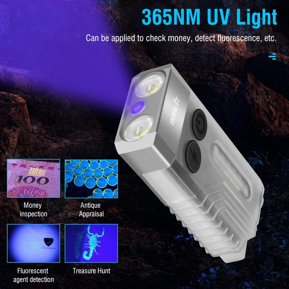 BORUiT V10 EDC Keychain Light 1000 LM Powerful LED Flashlight Type-C Rechargeable Uv Lamp Tiki Fishing Torch Camping Lantern