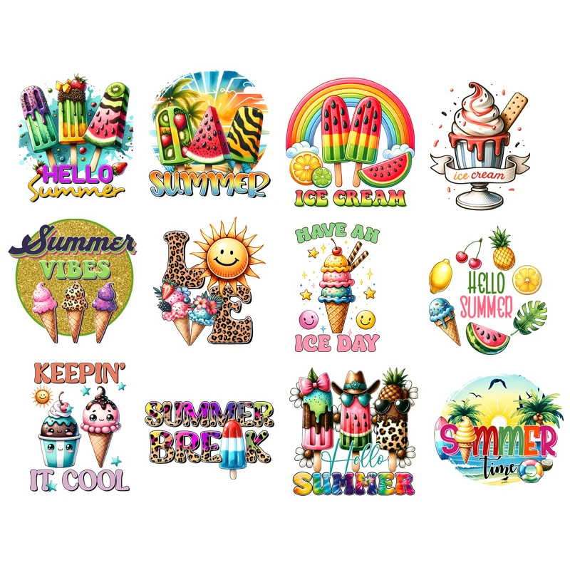 

Summer ice cream popsicle sun Heat Transfer Stickers DIY Summer holiday Iron On Patches Transfer For Clothing billow Patches