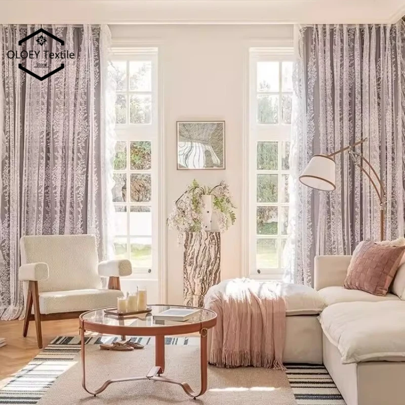 

Princess Style Rococo Curtains Purple Velvet Heavyweight Blackout French Luxury Lace Trim Drape for Romantic Bedroom Living Room