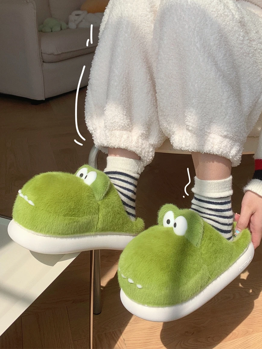 Couple Lovely Crocodile Cotton Slippers Women Winter 2023 New Baby Boys’ Girls‘ Warm Thick Sole Slipper Frog Home Shoes For Men