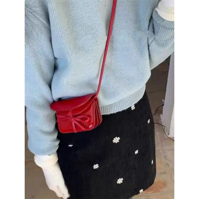 Fashion Mini PU Leather Crossbody Bags For Women Female Bow Knot Handbags Korean Ins Style Red Shoulder Bags New Square Bag