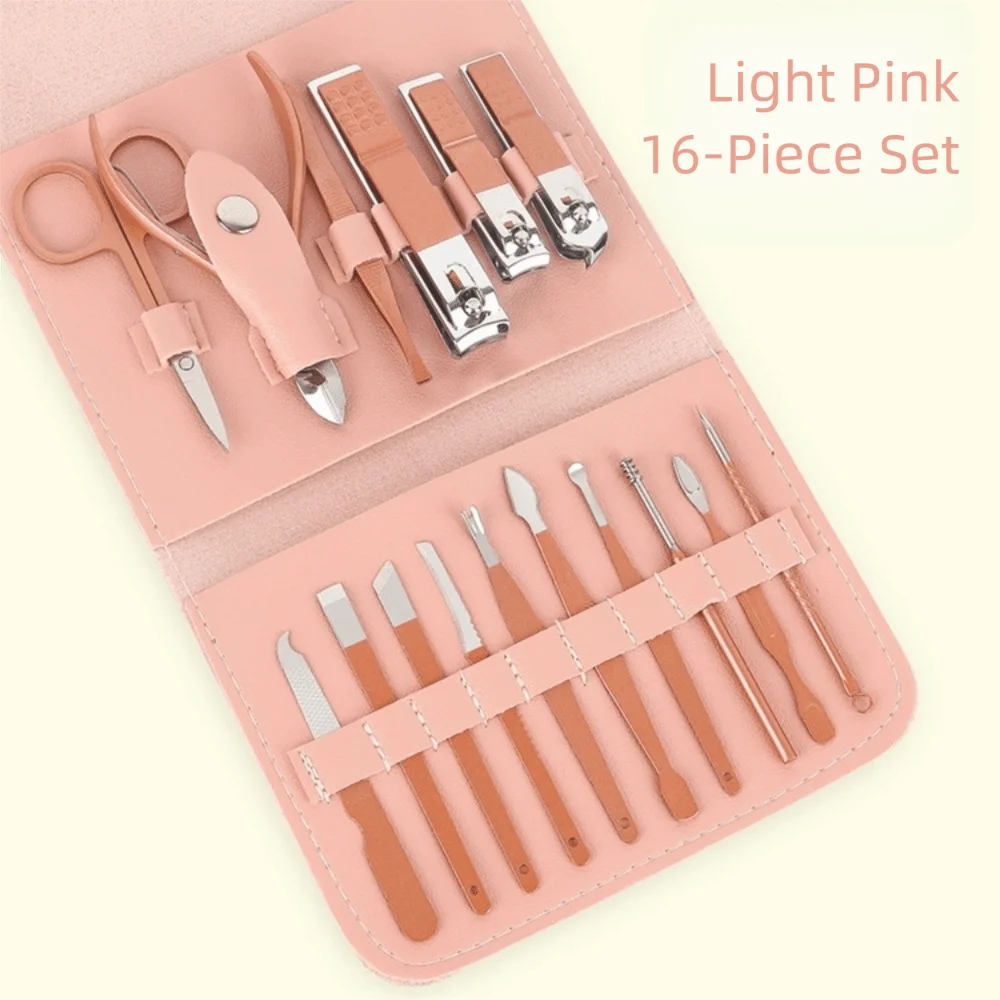 

16Pcs Stainless Steel Professional Nail Clippers Set PU Bag With Travel Case Pedicure Set Matcha Green Purple Folding Bag