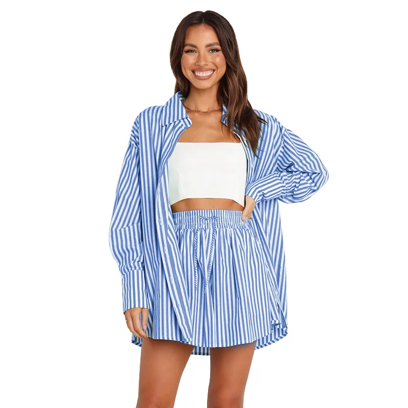 

Spring and Summer Temperament Commuter Casual Pants Suit Fashionable Women's Shirt Striped Long Sleeve Split Two-piece Suit