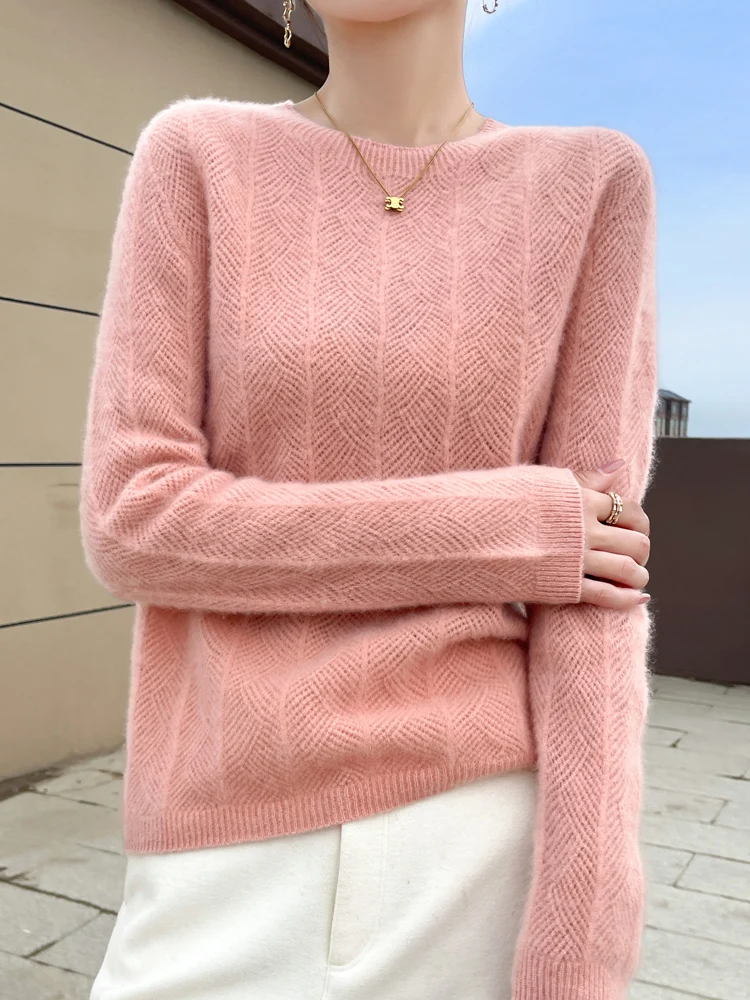 Women’s 100% Merino Wool Sweater Pullovers Hollow Out O-neck Cashmere Autumn Winter Long Sleeve Solid Grace Fashion Clothing Top