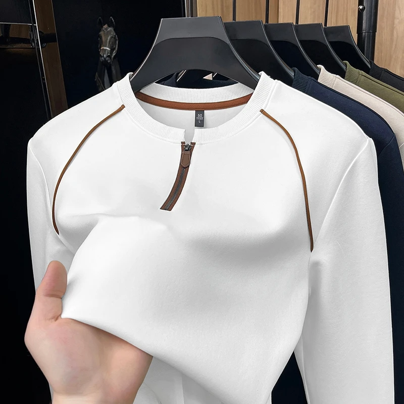Camiseta masculina de alta qualidade, confortável, casual e versátil, com gola redonda e manga comprida, estilo pullover esportivo com meio zíper, ide