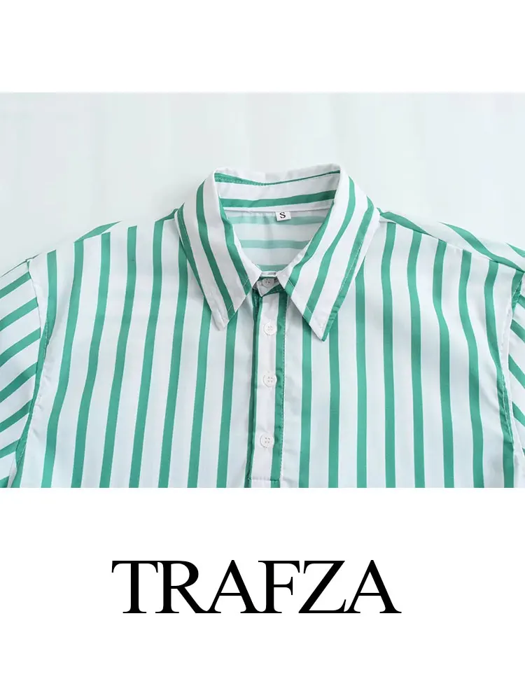 TRAFZA Striped Shirts Women Casual Green Blouse Y2k Short Sleeve Buttons Crop Top Female Short Shirt Streetwear