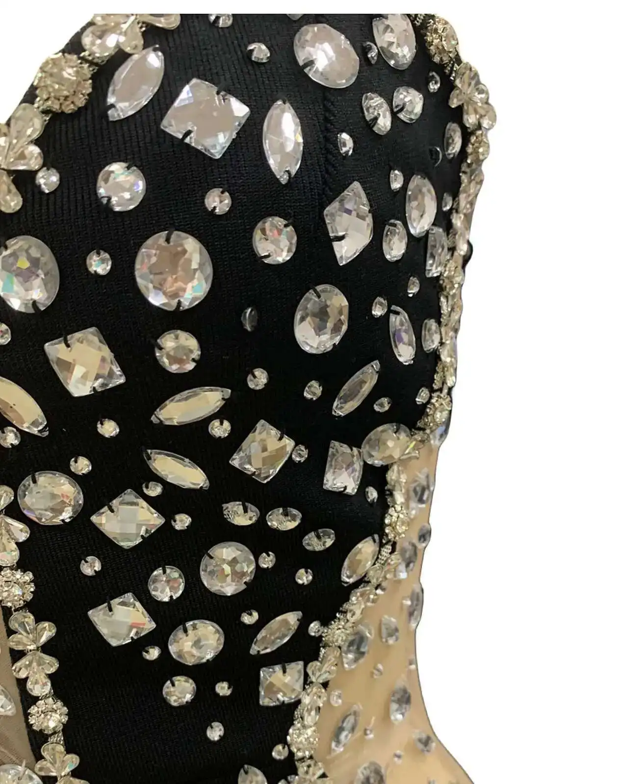 LEOSOXS 2025 New Black Strapless Evening Dress With High Slit, Rhinestone Embellishments, Bodycon Fit, See-through Mesh Panels