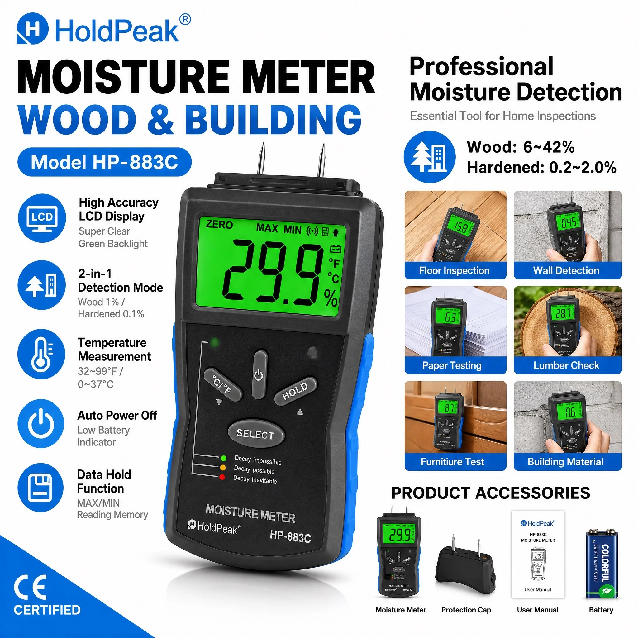 HoldPeak 883C Pin Moisture Meter Wood 6-42% Hardened Material 0.2-2.0% LED Indicator MAX/MIN HOLD Backlight