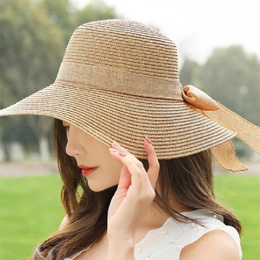 2024 New Summer Sunscreen Hat Bowknot Straw Hat for Women Fashion Wide Brim Sunhat Beach Cap Outdoor Foldable Sweet Breathable