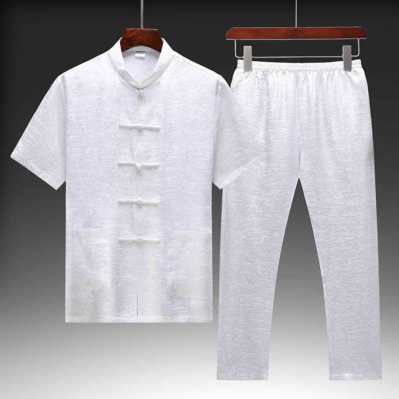 Chinese Style Shirt&Pants 2 Piece Set Man Genuine Silk 100% Cool Summer Quality Lightweight Satin Pockets Conjunto Verano Hombre