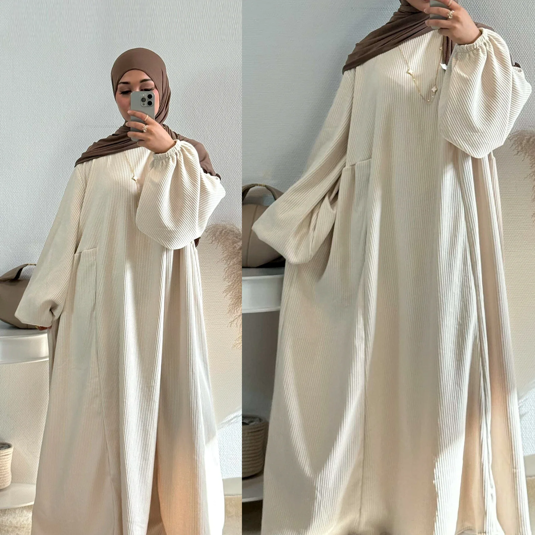 Fashion Muslim Abaya Long Sleeve Maxi Dress Elegant Balloon Sleeves Elegant Muslim Abaya for Ramadan Eid Mubarak in Dubai Style