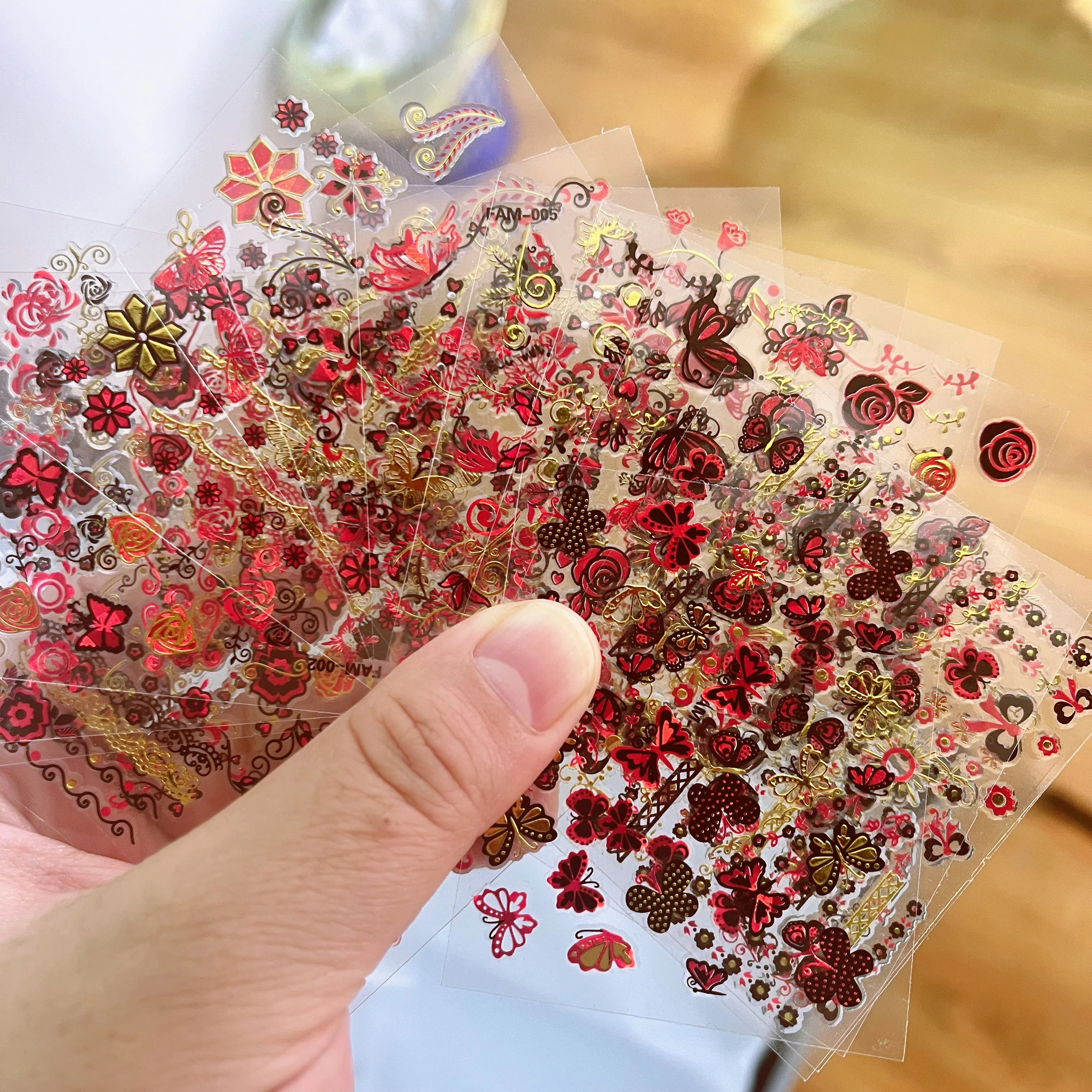 30Pcs/Set Red Golden 3D Nail Art Sticker Hot Stamping Hollow Decals Mixed Designs Adhesive Flower Nail Tips Letter Butterfly Set