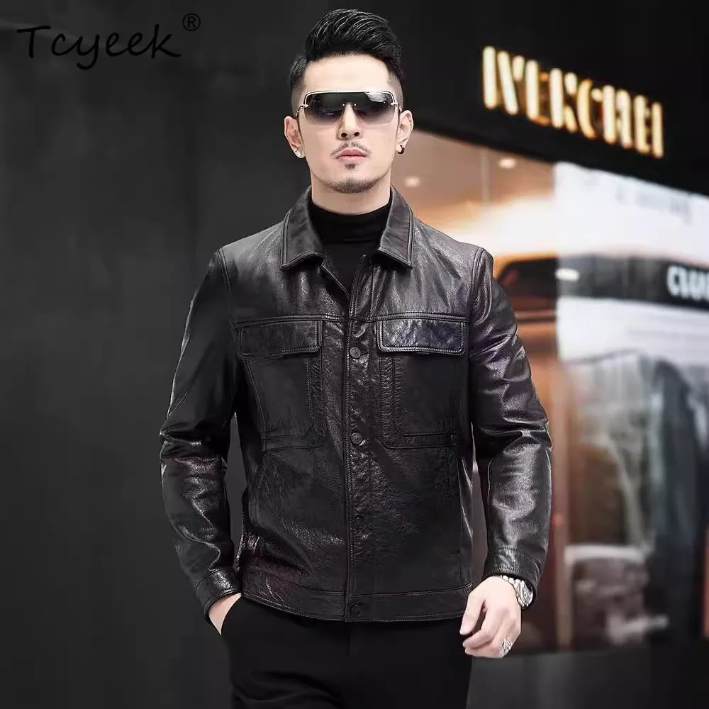 

Tcyeek 100% Cowhide Real Leather Jacket Men Clothing Autumn Mens Coats Fashion Motocycle Coat Oil Wax Black Jaqueta De Couro