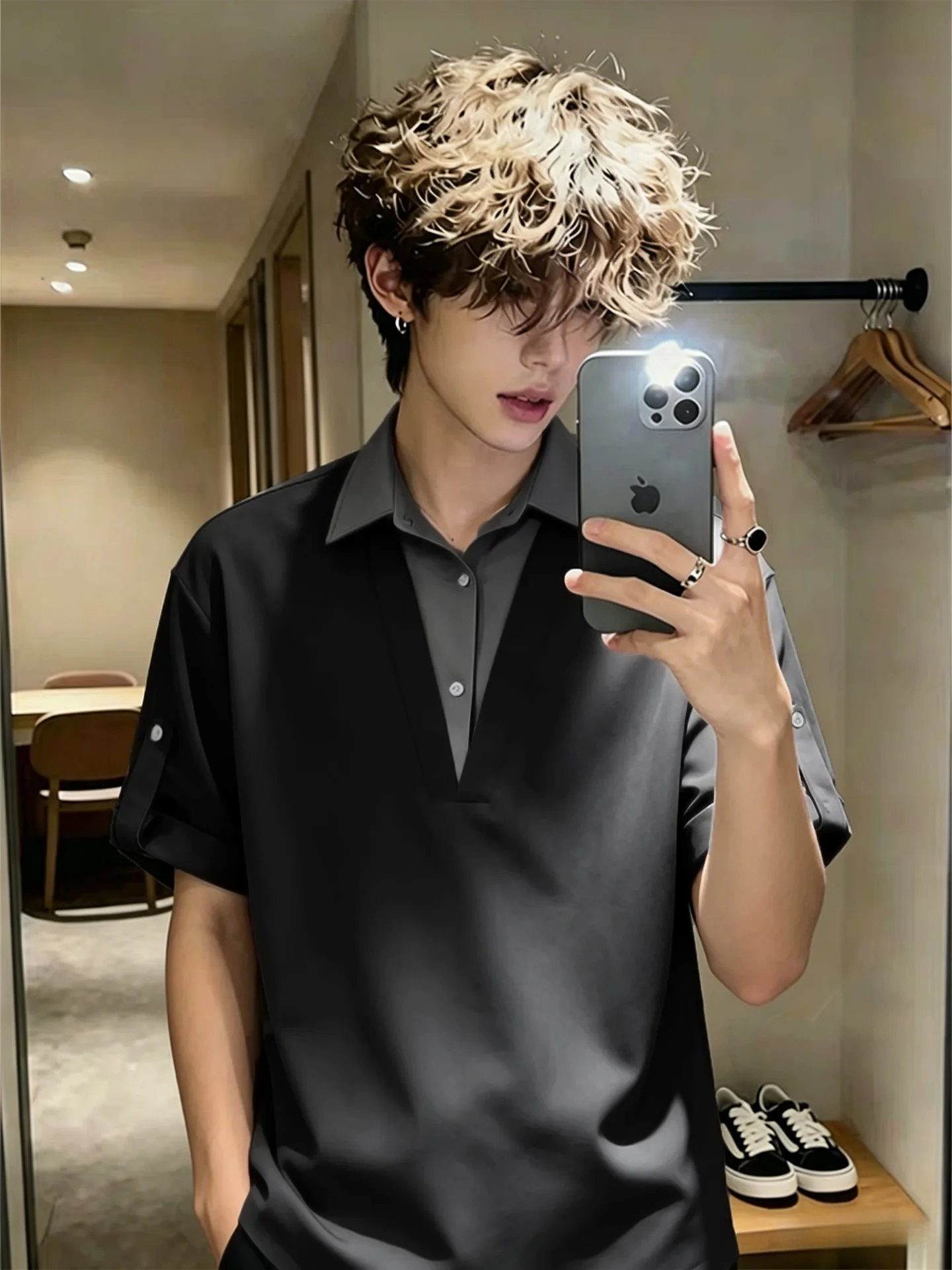 

Black Ice Silk Short Sleeve Shirt Men's Summer Designable Sleeve Seven-Fifths Polyester Fiber Breathable Comfortable