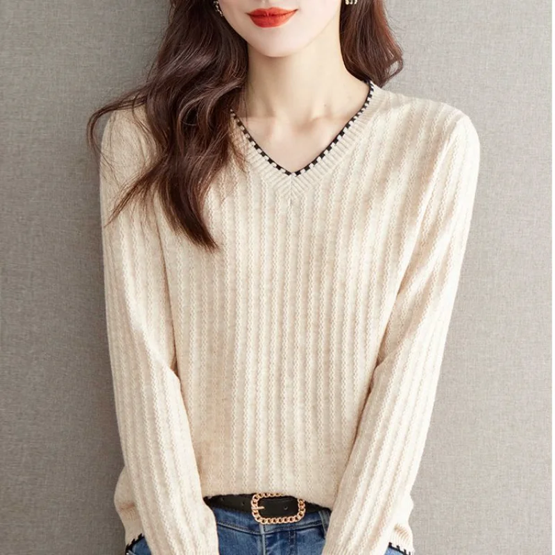 

Autumn Winter New Style Long Sleeve T Shirt Women's Base Layer Shirt Loose Top V Neck Knitted Sweater Inner Wear Pullover