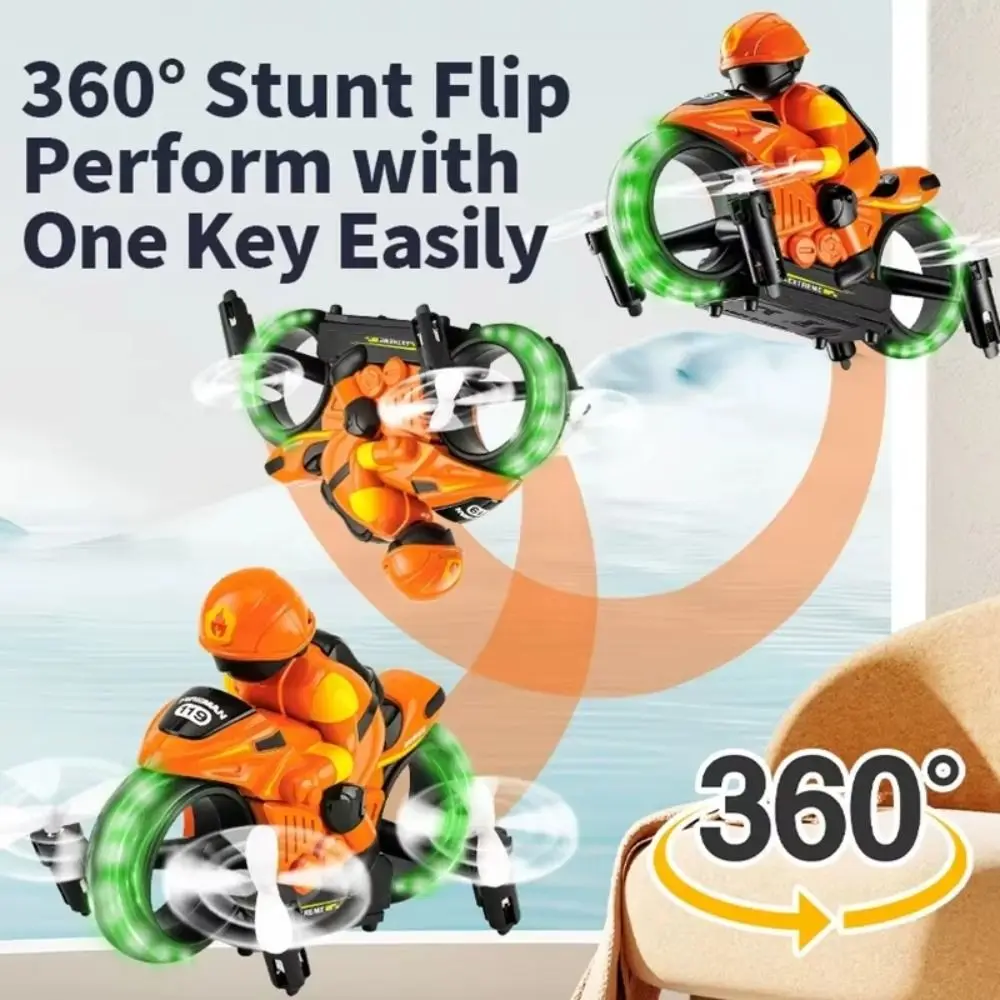 

2.4G Remote Control RC Flying Motorcycle Gyroscope Stabilization Night LED Lights 2 in 1 RC Flying Motorcycle 360° Flip