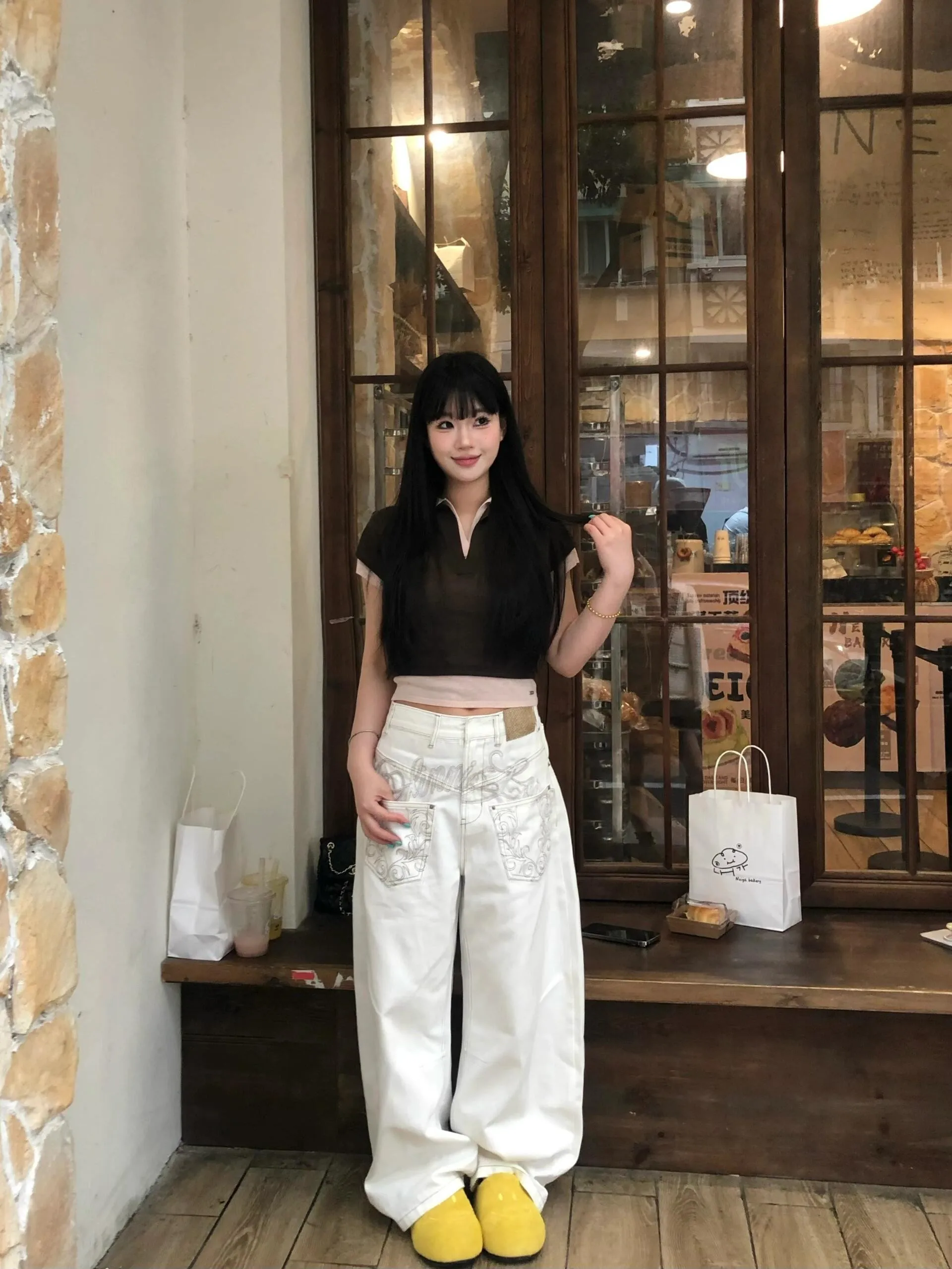 بنطلون جينز أبيض مطرز بجيب أمريكي عتيق للنساء ملابس خروج فضفاضة غير رسمية عالية الخصر وواسعة الساق من قماش الدنيم بنطلون عتيق #6