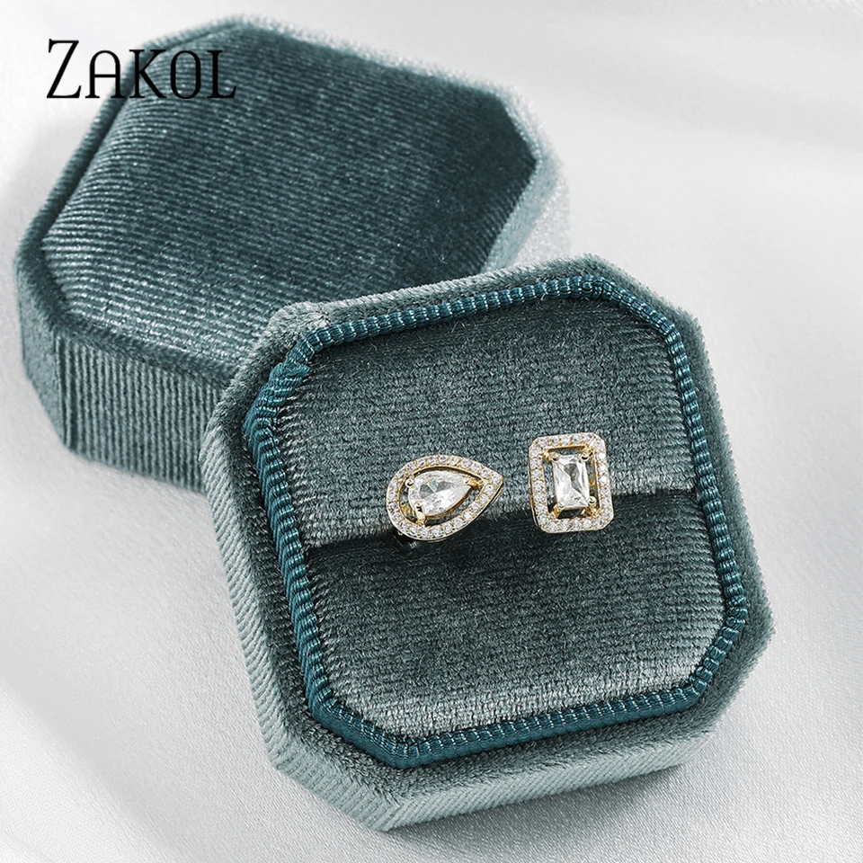 ZAKOL Brand Elegant Crystal Zirconia Open Ring For Women Clear Geometric AAA Zircon Engagement Wedding Rings With Gift Box