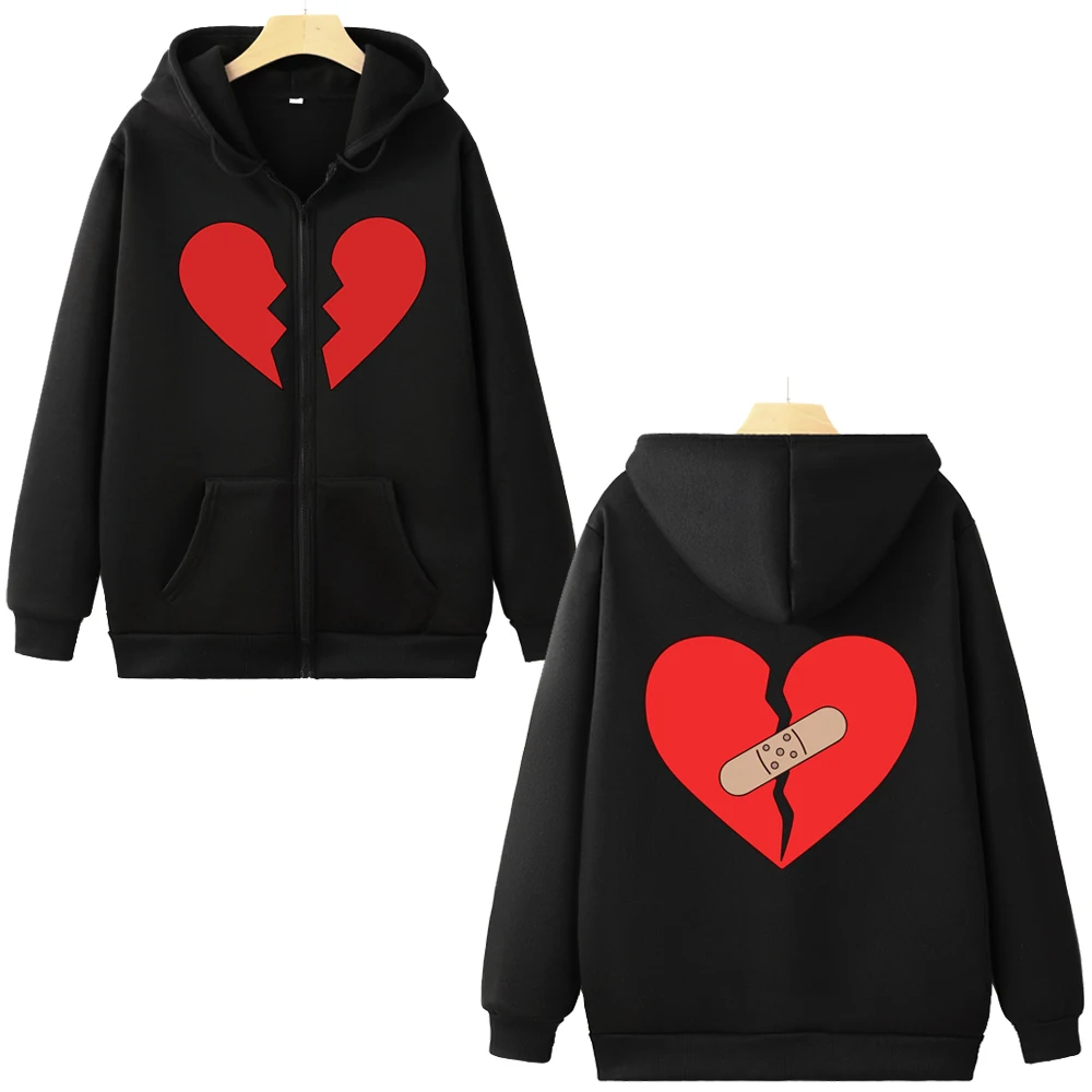 Broken Heart Print Zipper Sweatshirt Harajuku Y2K Torn Heart Graphic Unisex Zip Up Hoodie Autumn Streetwear Casual Zip Hoody