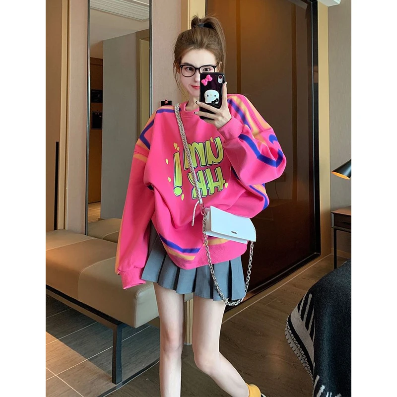 Trend Print Letter Loose Pullovers Top Autumn Winter New Long Sleeve O-neck Street Casual Hoodies Casual Fashion Women Clothing