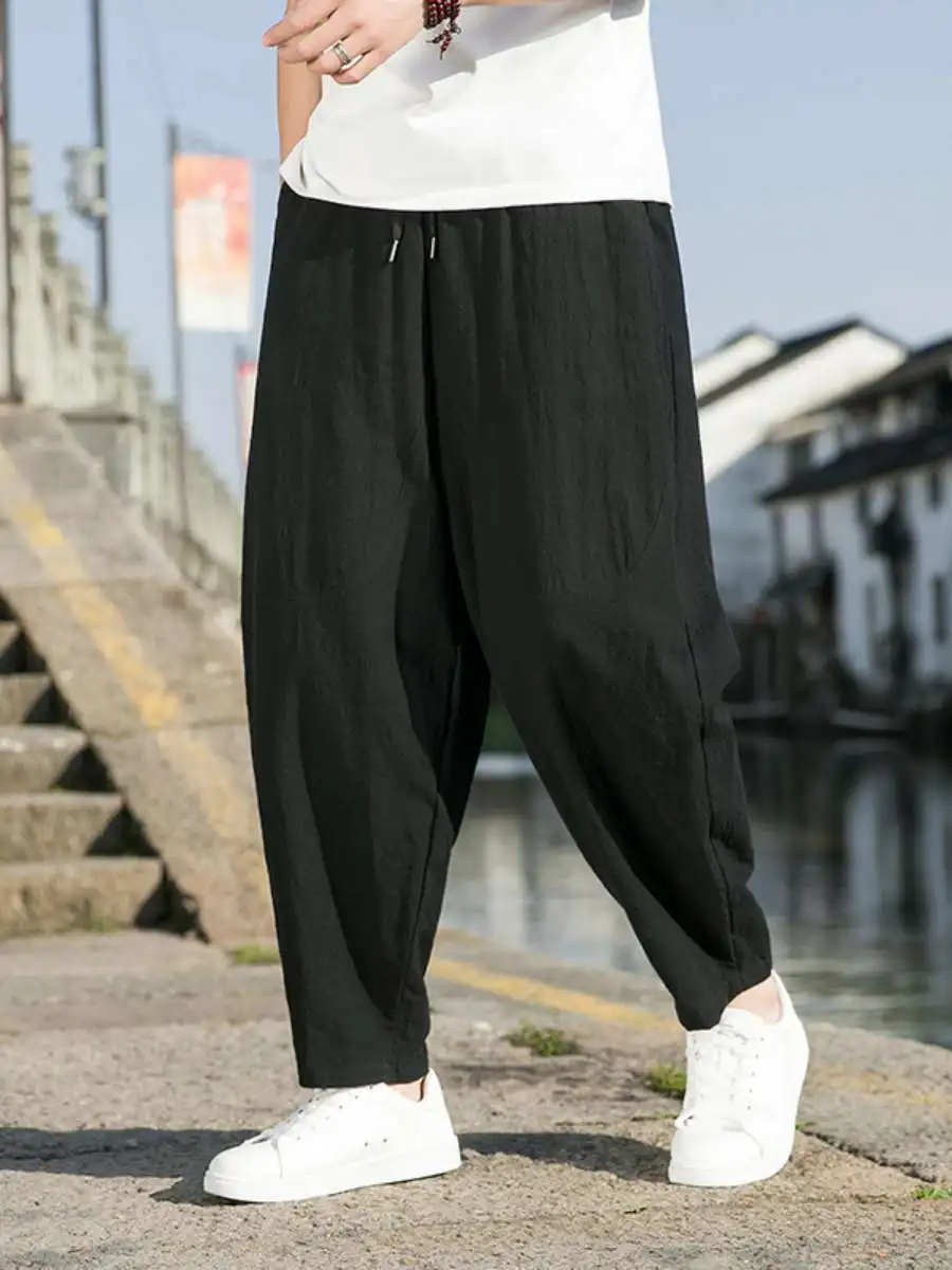 

Мужские летние пляжные брюки из хлопка и льна в стиле Харадзюку, со средней посадкой, свободные, широкие штанины, удобные, для повседневной носки