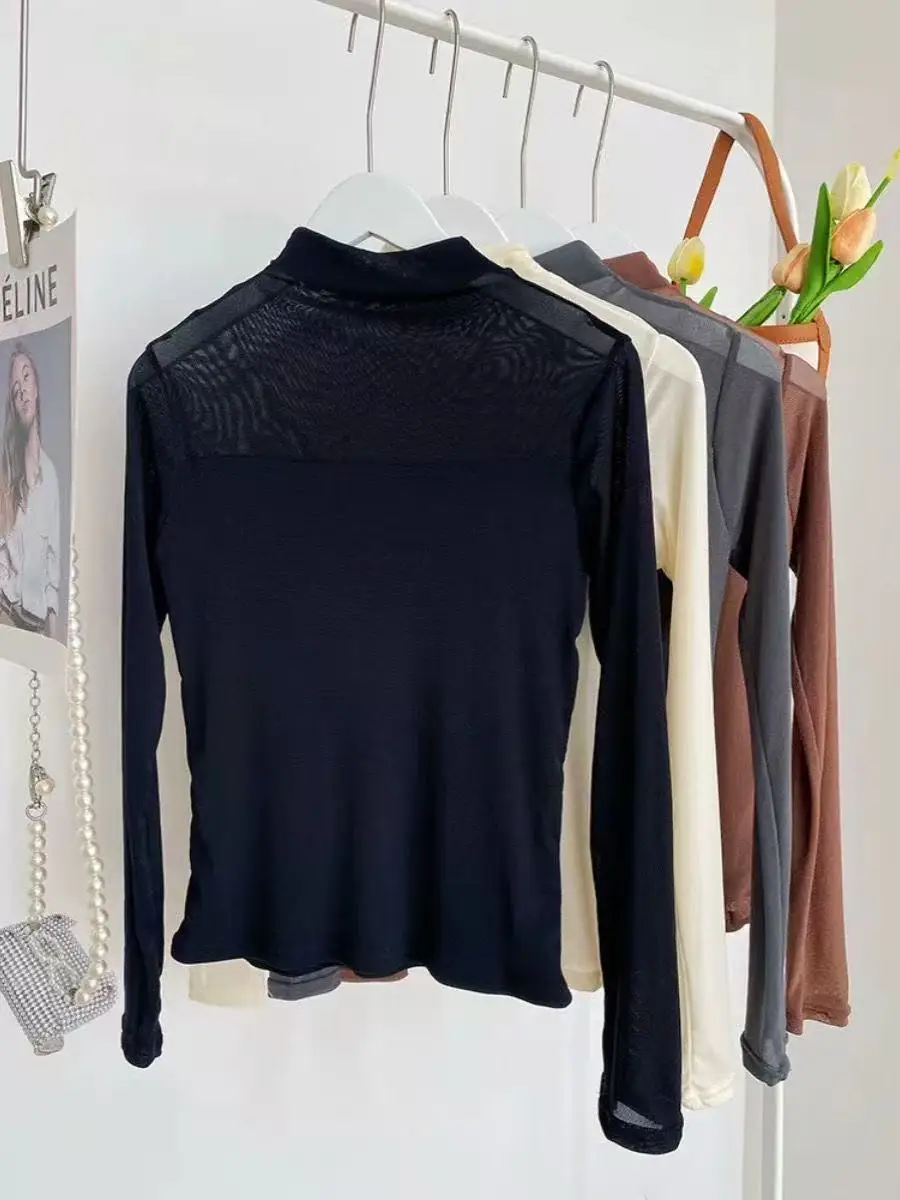 Women's Long Sleeve Lace Base Shirt Half High Collar Double Layer Mesh Slim Fit Black Semi Transparent Knitted Top for Autumn...