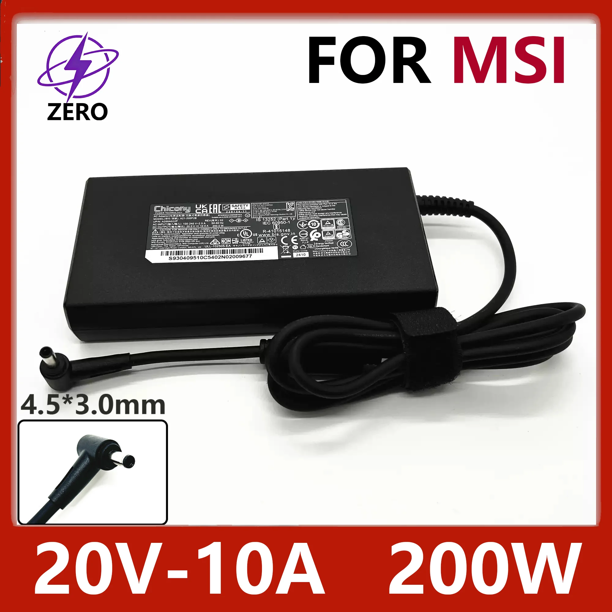

Оригинальное зарядное устройство Chicony 200W 20V 10A 4.5*3.0мм для ноутбуков MSI Bravo 15 C7V C7Ve C7Vf A21-200P2B