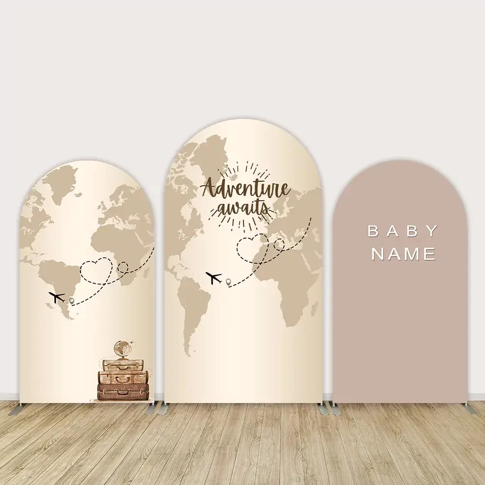 Adventure Awaits Themed Arch Photo Background World Map Custom DIY Baby Name Baby Shower Backdrop Newborn Party Banner Props