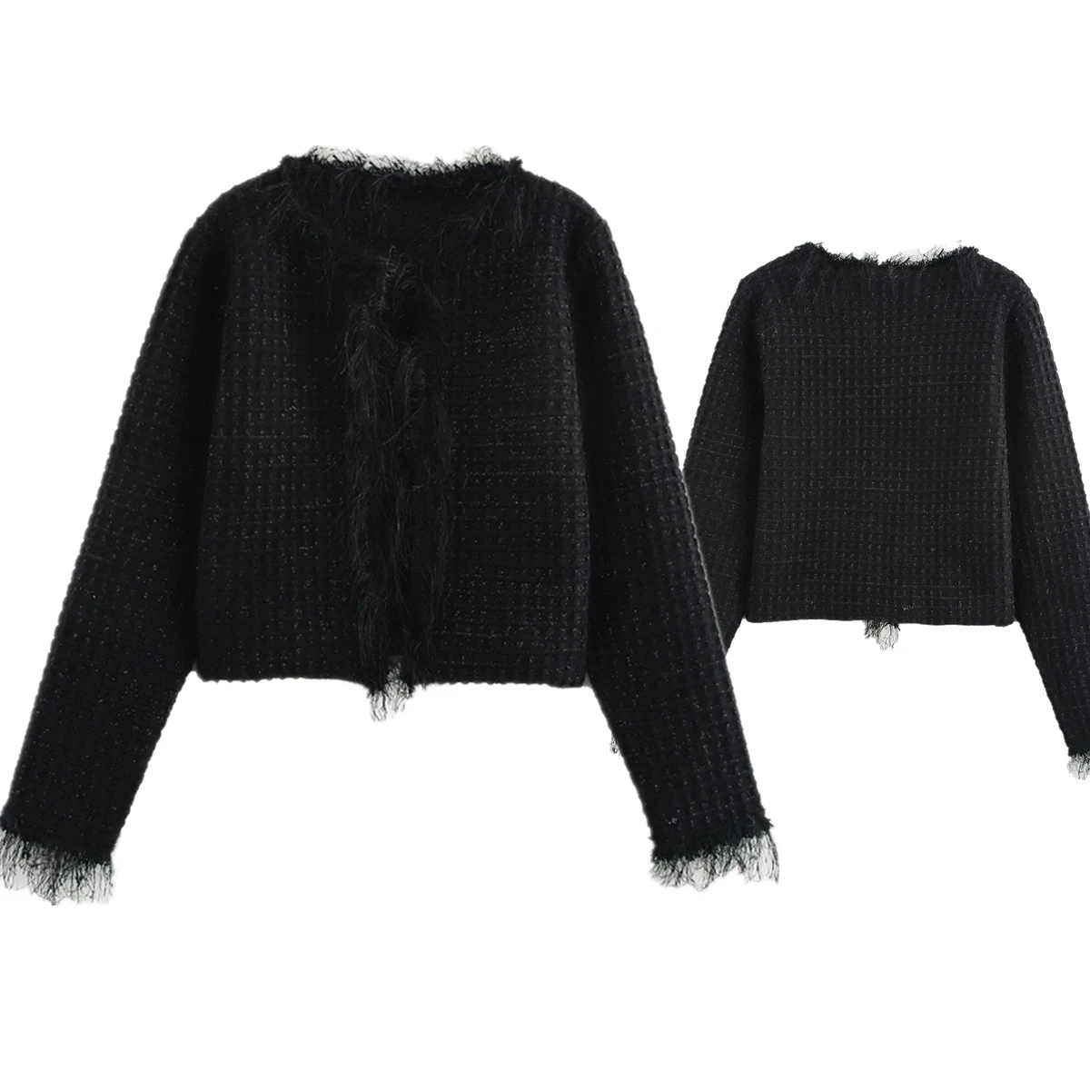 

Dave&Di Minimalist Black Tassel Knit Jacket Coat Winter Cardigans Women FashIon Elegant Sweaters Tops