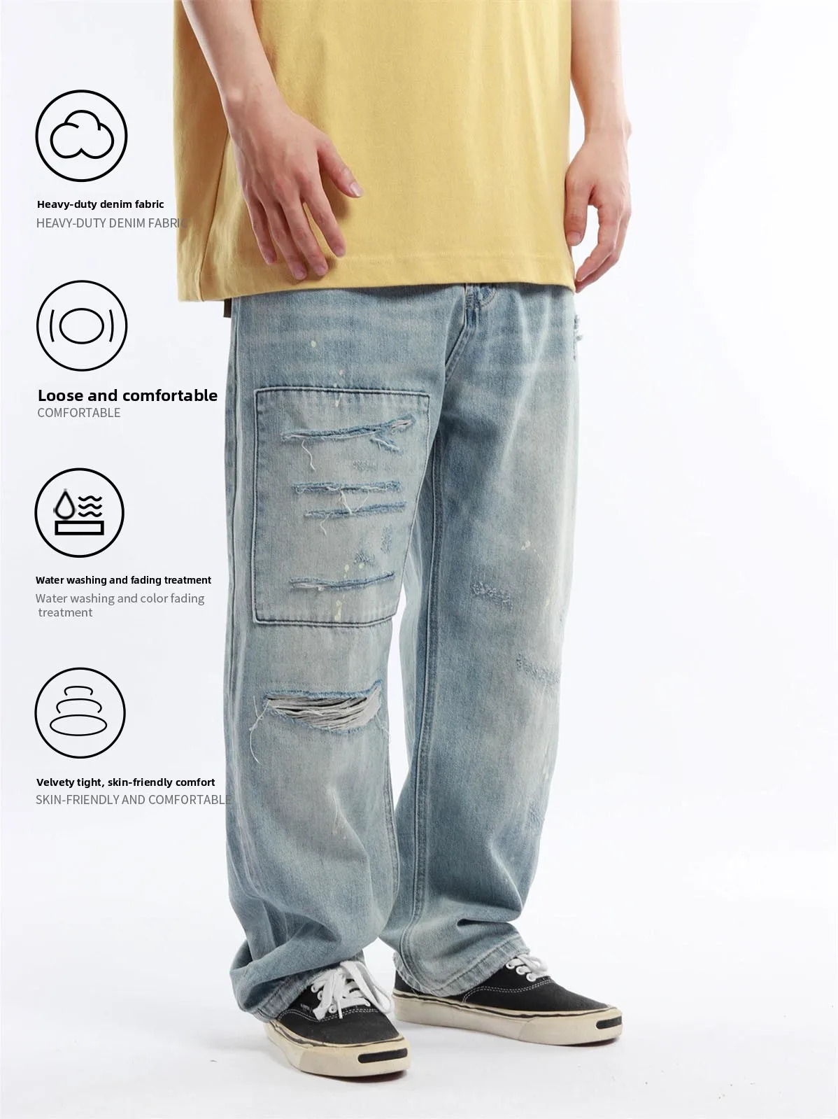 Retro Washed Loose Patchwork Straight Leg Vintage Jeans Men's Casual Fashion Urban Style mid Waist Five Pockets Cotton Blend
