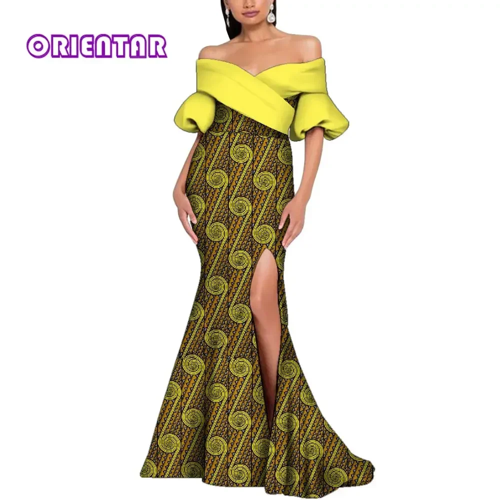 Kobiety afrykański styl sukienki Sexy bez ramiączek Lady suknie wieczorowe kwiatowy Print elegancka z rozcięciem kobiety sukienka Dashiki ubrania imprezowe WY9243