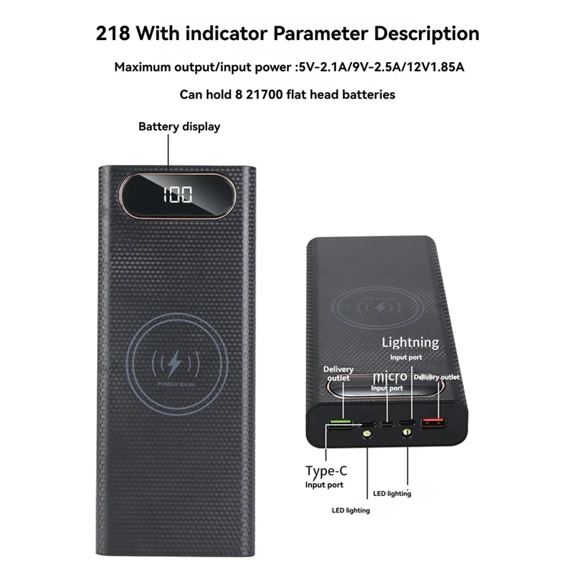 AEE7-Power Bank DIY Shell Fall Batterie Ladegerät Box Mit Beleuchtung Funktion 8X21700 Batterie Shell Lagerung Organisieren