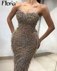 Fashion Sweetheart Mermaid Gold Party Dress Champagne Pearls Wedding Dinner Prom Dress With Feather Formal Birthdaty Gowns