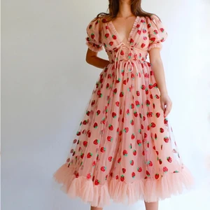 Chic, Princess Style Women's Summer Dress with Strawberry Strawberry and Sequins, with lace, puff sleeves, V V, Elastic Waist 10 Main Sales Strawberry Dress - №6