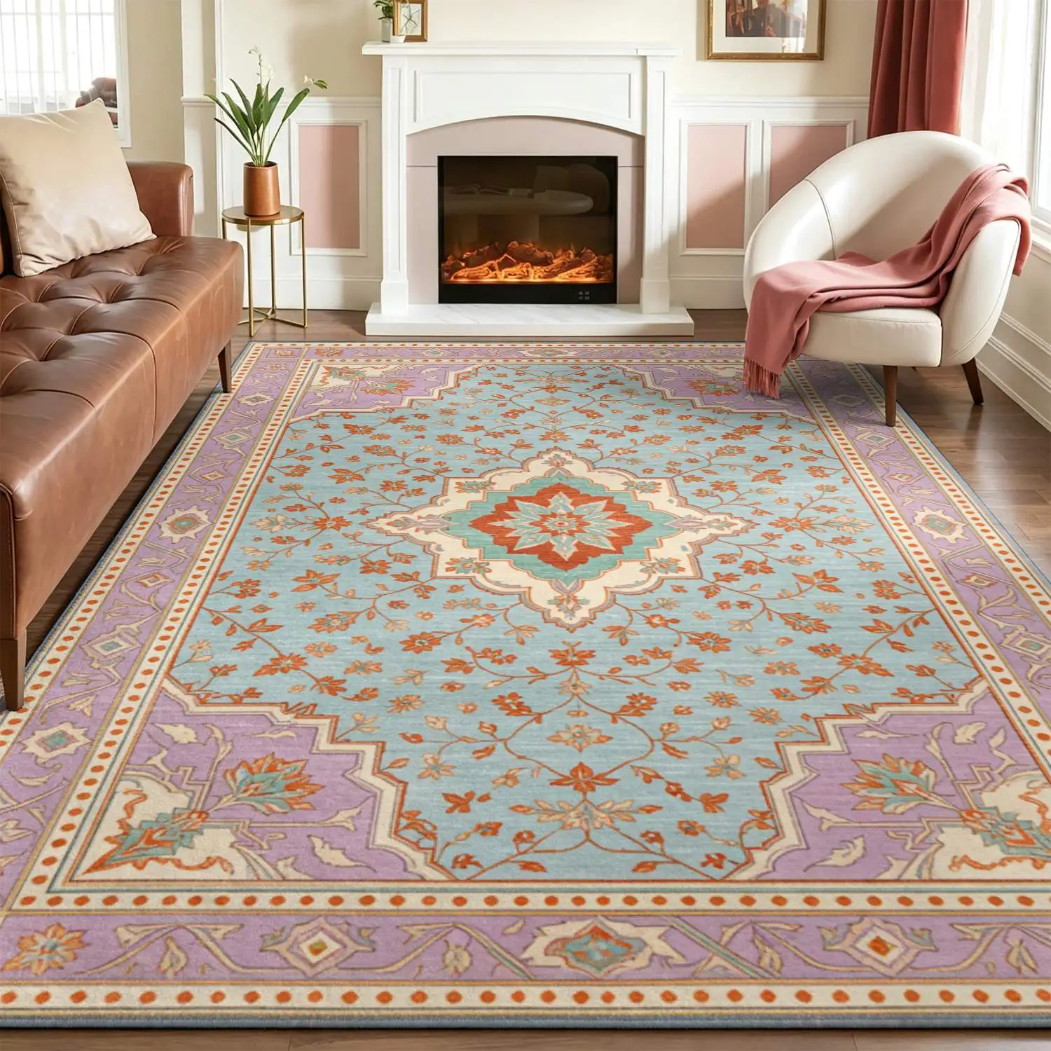 1Pc 2D Printed Carpet: Light Blue & Beige Retro Scrolling Flower, European Vintage Rug for Home Decor, Multi-Size, Machine Washable, Works as Entrance/Dining/Foyer/Bedroom/Study/Living Room Mat