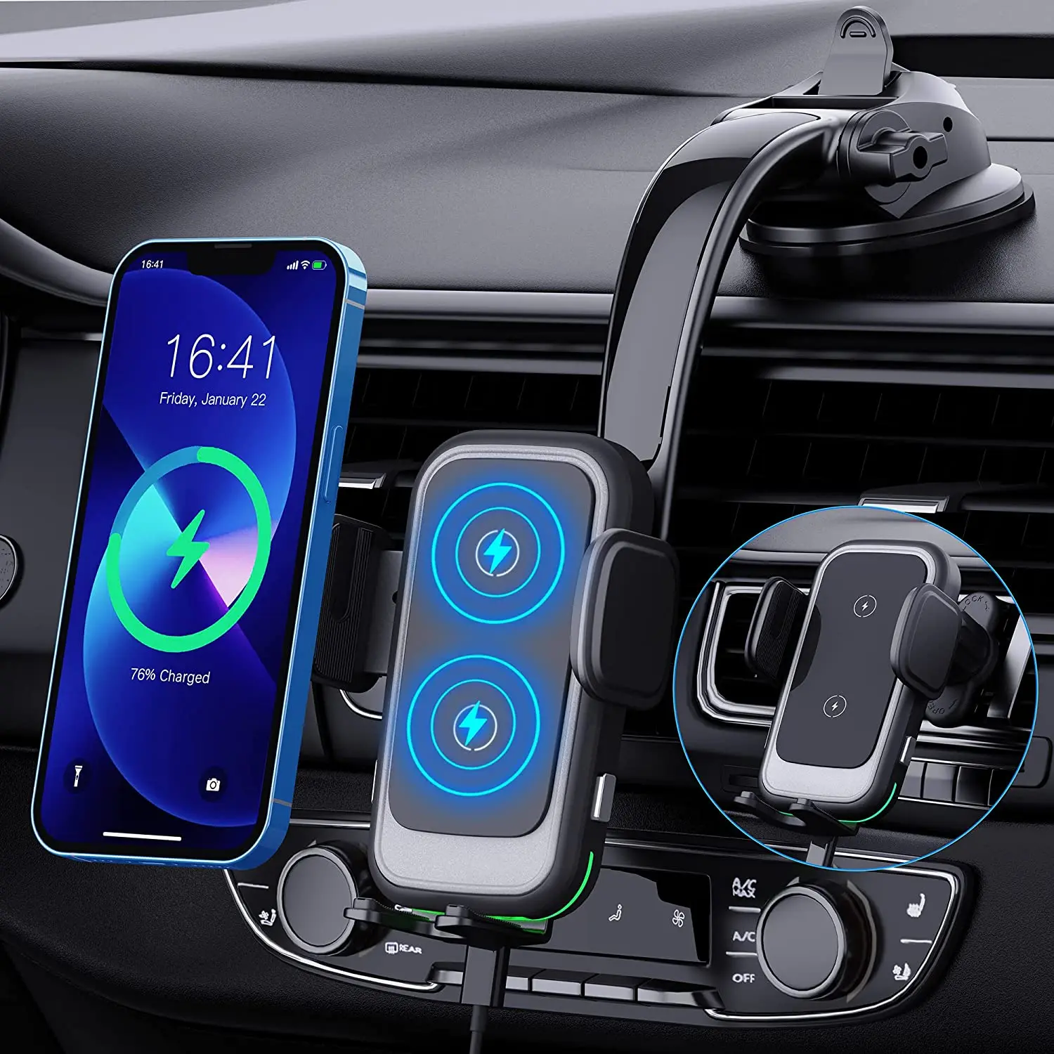 Wireless Car Charger, Double Coil, 15W, Qi Fast Charging, Car Charge, Auto Clamping Phone Mount, Air Vent Holder for Samsung and