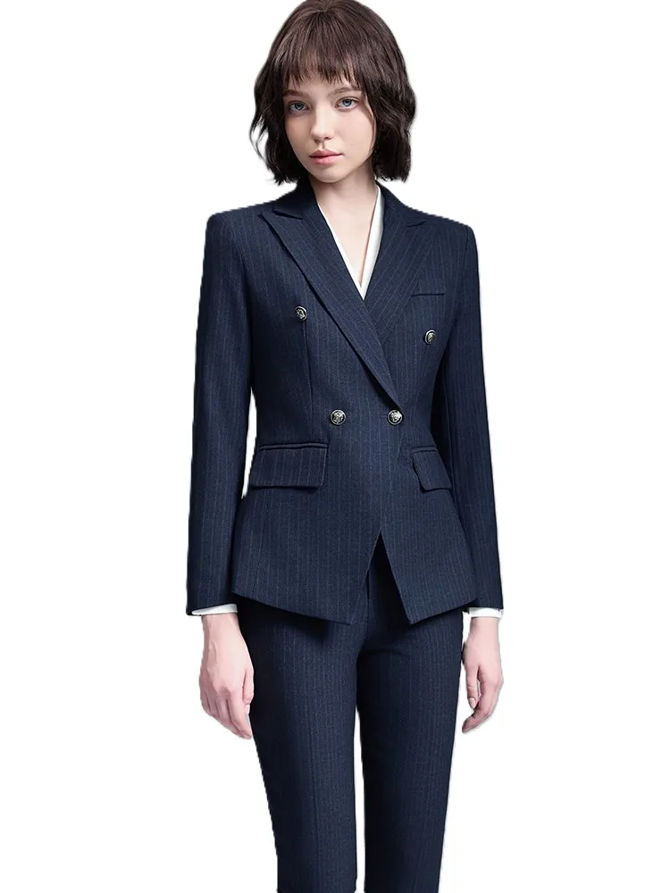 

Женский брючный костюм, женский комплект из 2 предметов, синий, серый, черный полосатый формальный пиджак, куртка и брюки