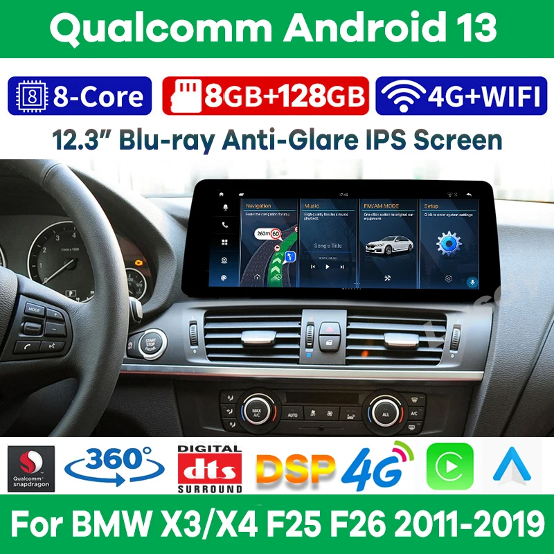 

12.3" Qualcomm 8+128G Android 13 Car Multimedia for BMW X3 F25 X4 F26 CIC NBT EVO Auto Radio Stereo Video GPS CarPlay Screen 4G