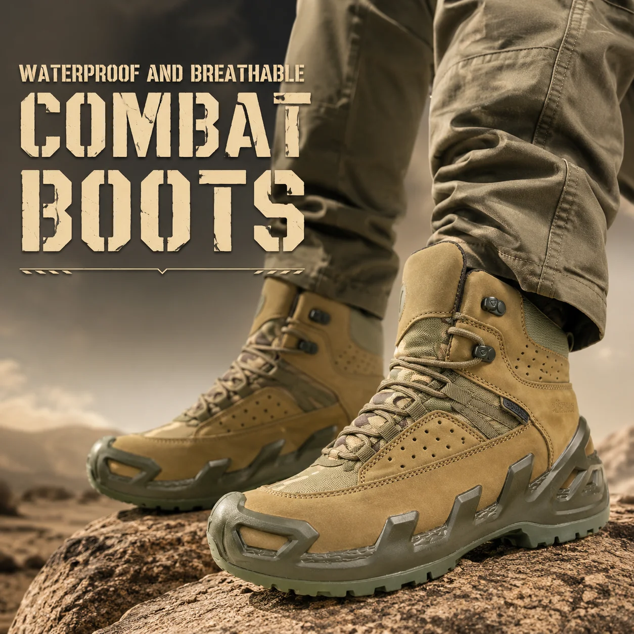 Waterproof Outdoor Boots Men Tactical Hiking Shoes Breathable Work Boots Rugged Sole Anti Slip Camping Trekking Footwear
