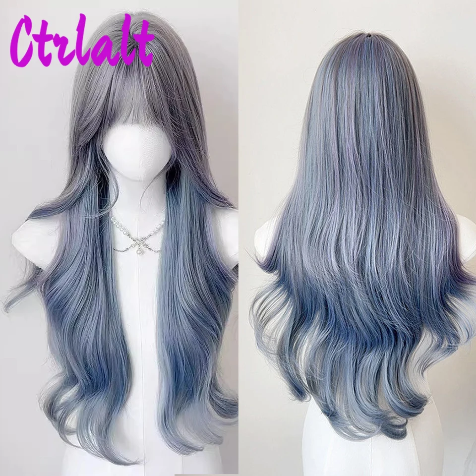 

Long Wavy Haze Blue Cosplay Synthetic Wigs Lolita Halloween With Bangs for Women Party Dailly Heat Resistant Wig