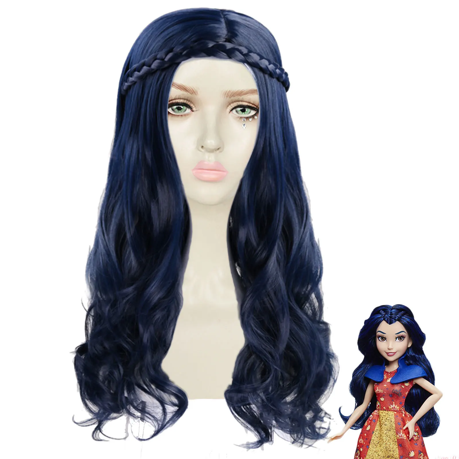 Dark Blue Descendants 2 Evie Long Wavy Curly Wig With Braid Cosplay Costume Heat Resistant Hair Women Cosplay Wig